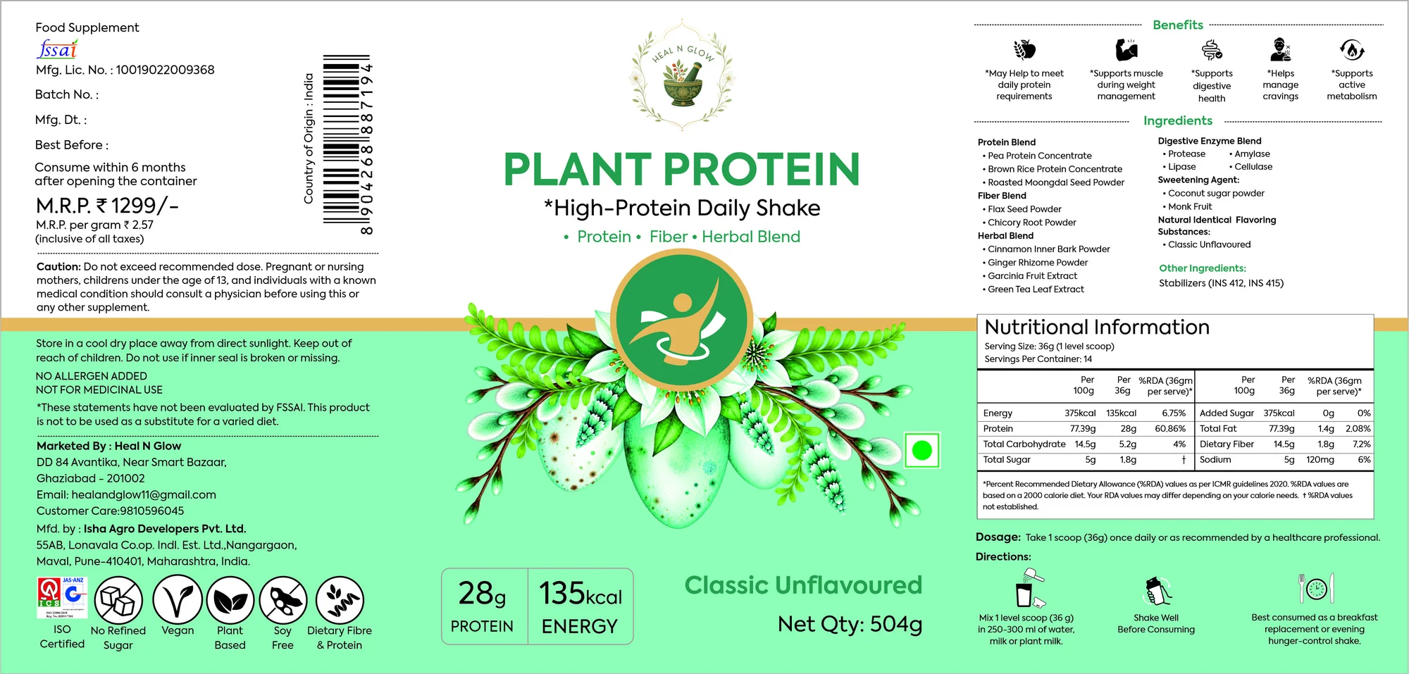 Full label of Plant Protein, showing composition and directions