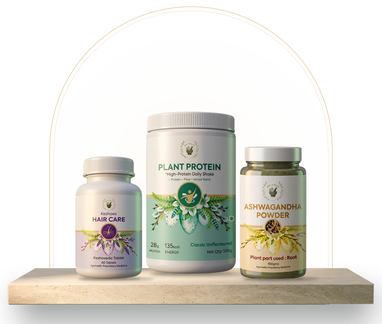 Keshoex, Plant Protein and Ashwagandha standing on a travertine shelf under a gold arch